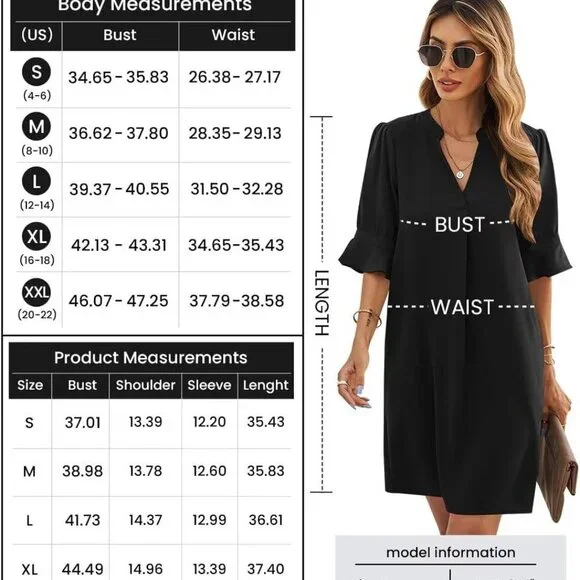 Shift Dress for Women V Neck Short Sleeves Solid Color Casual Flowy Summer Dress - Picture 6 of 7